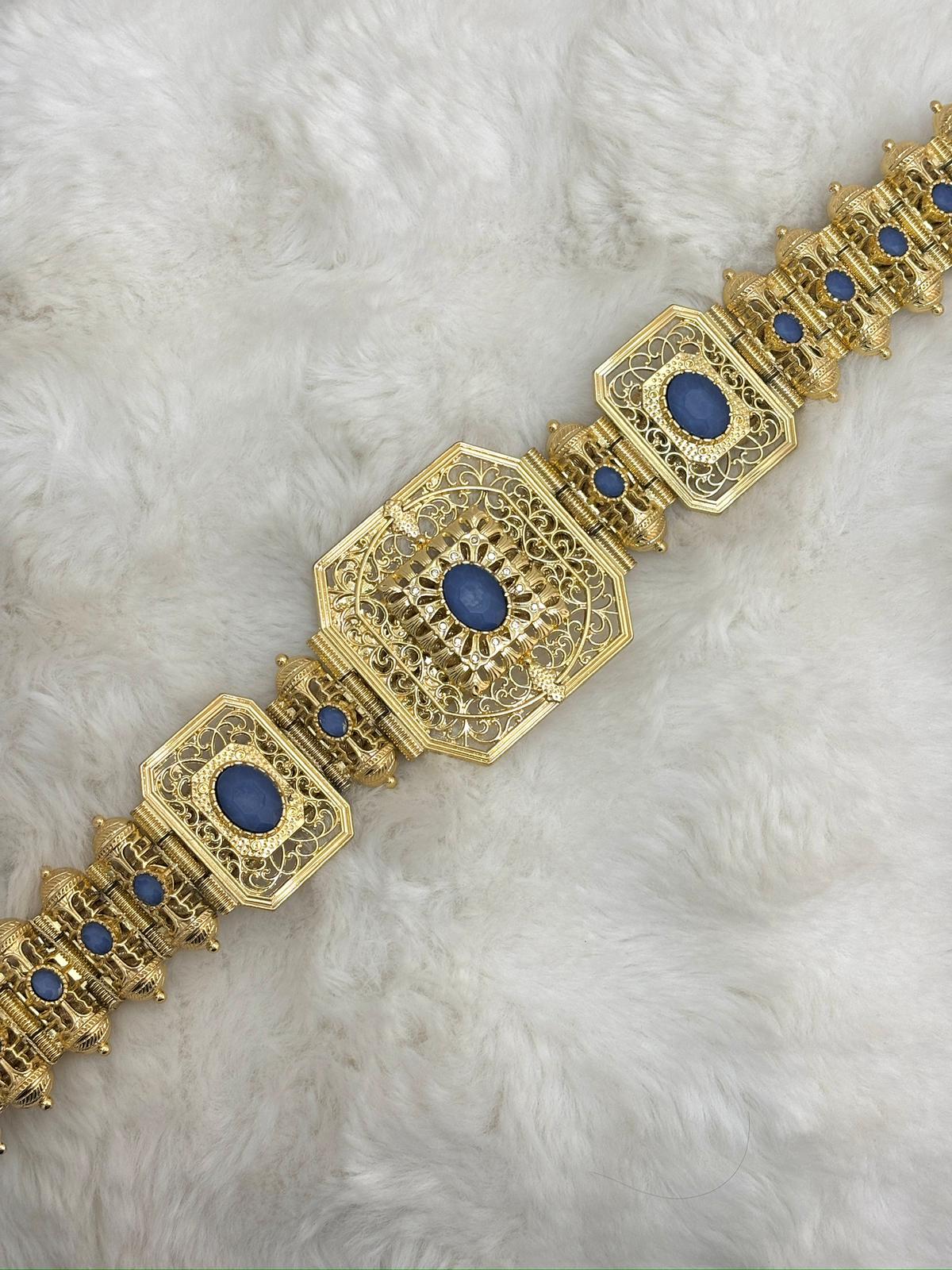 Ceinture métallique bleu et dorée