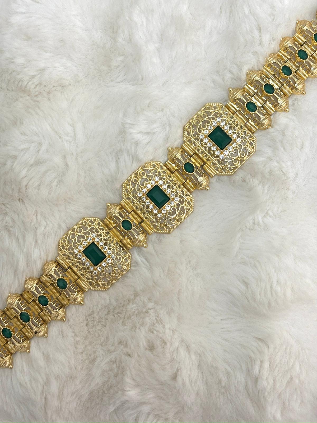 Ceinture métallique verte et dorée