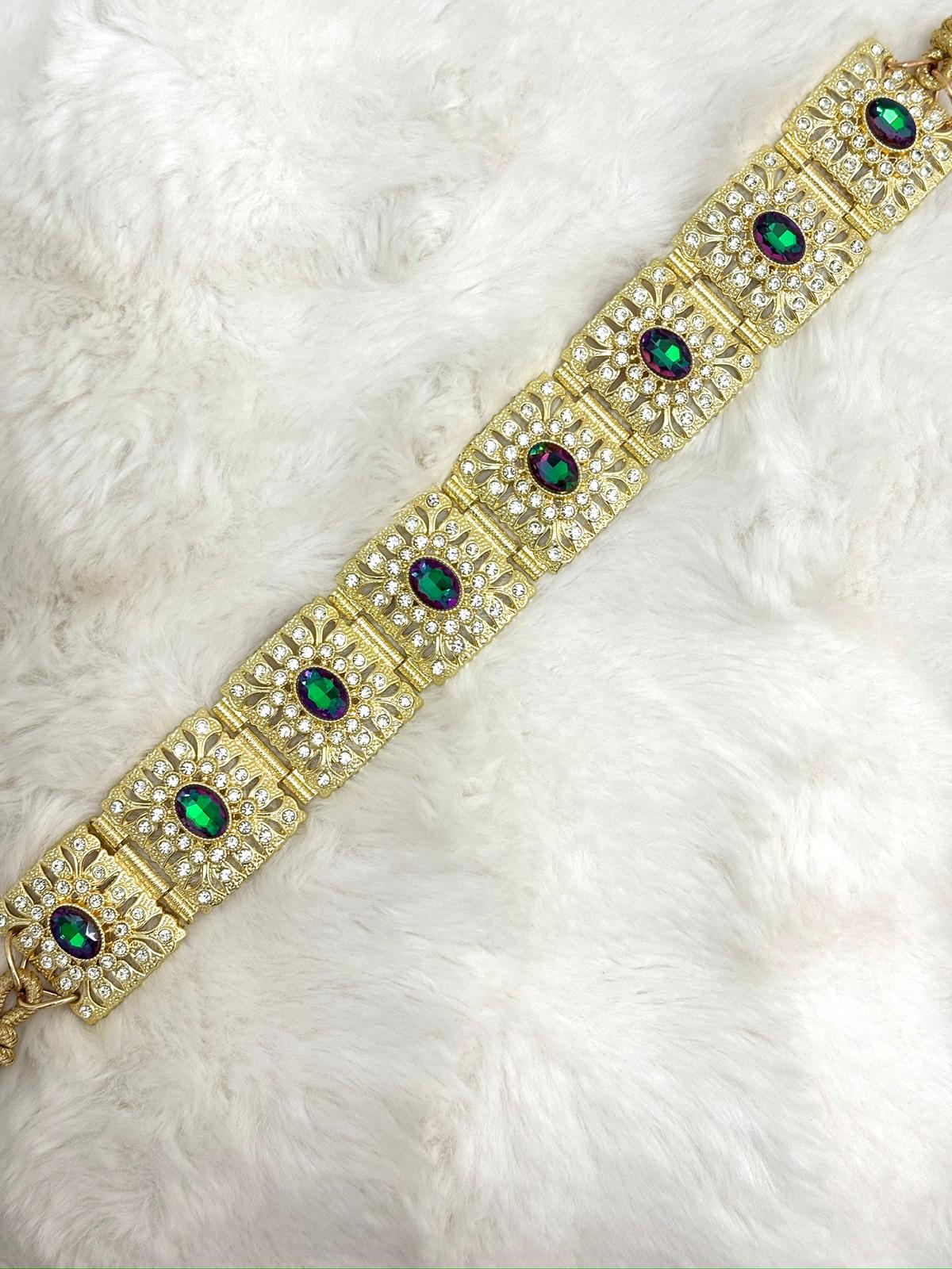 Ceinture métallique vert émeraude effet irisé et dorée